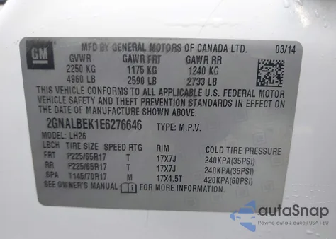 2014 Chevrolet Equinox 1Lt from USA, damaged, VIN 2GNALBEK1E6276646